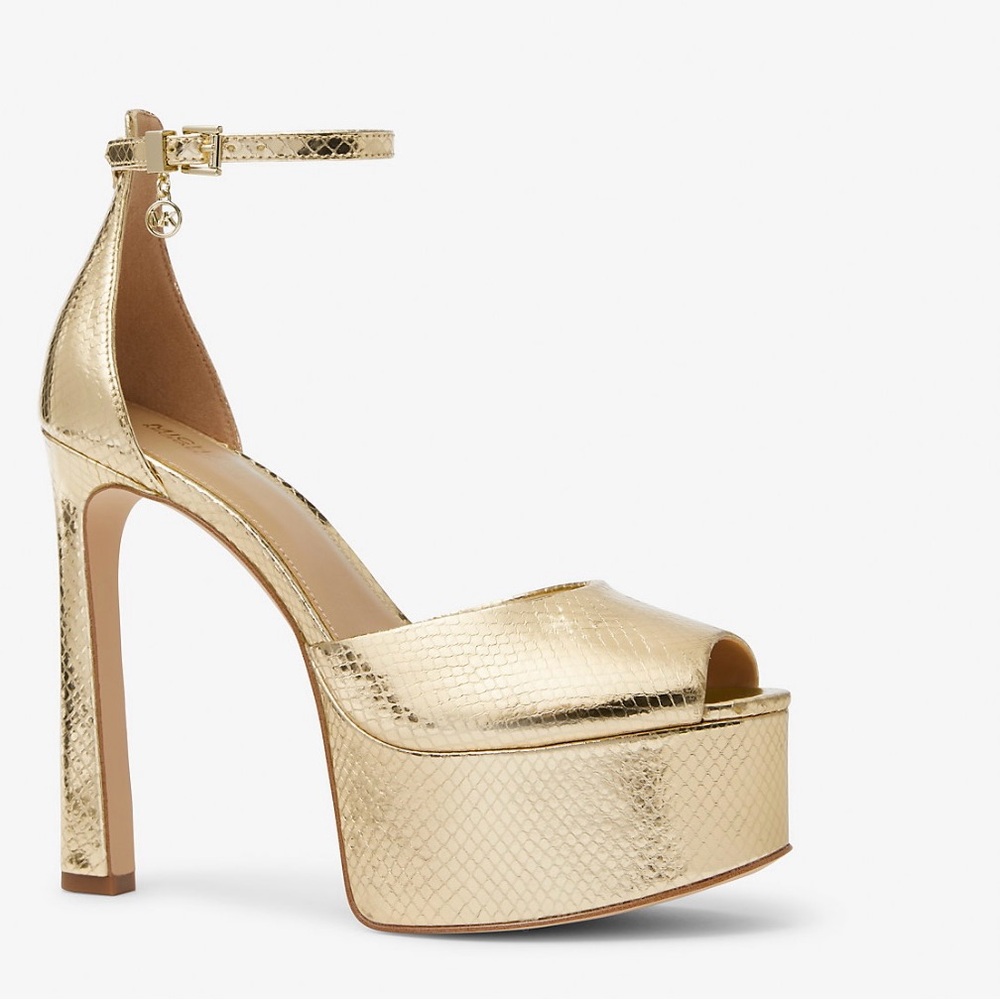 Martina Metallic Snake Embossed Leather Peep-Toe Platform Pump